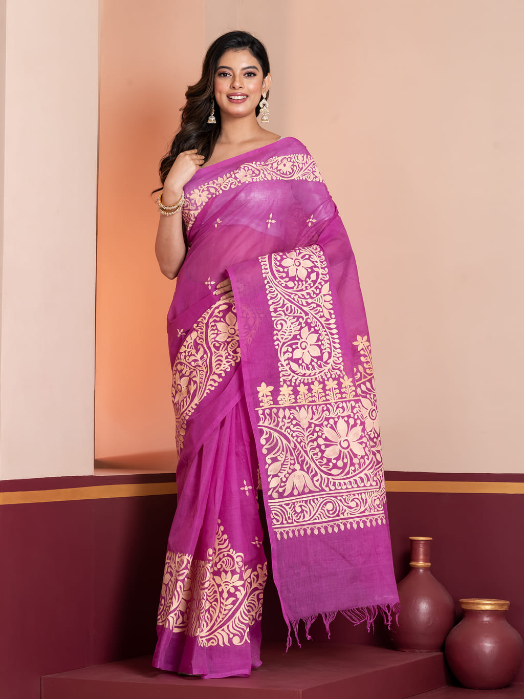 TA 085.. Hand-Painted Saree, Dhaniakhali Tant - Image 1